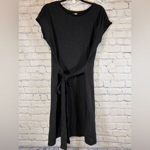 J Crew Factory Black Cap-Sleeve Tie Waist Slub Cotton Minimalist T Shirt Dress L